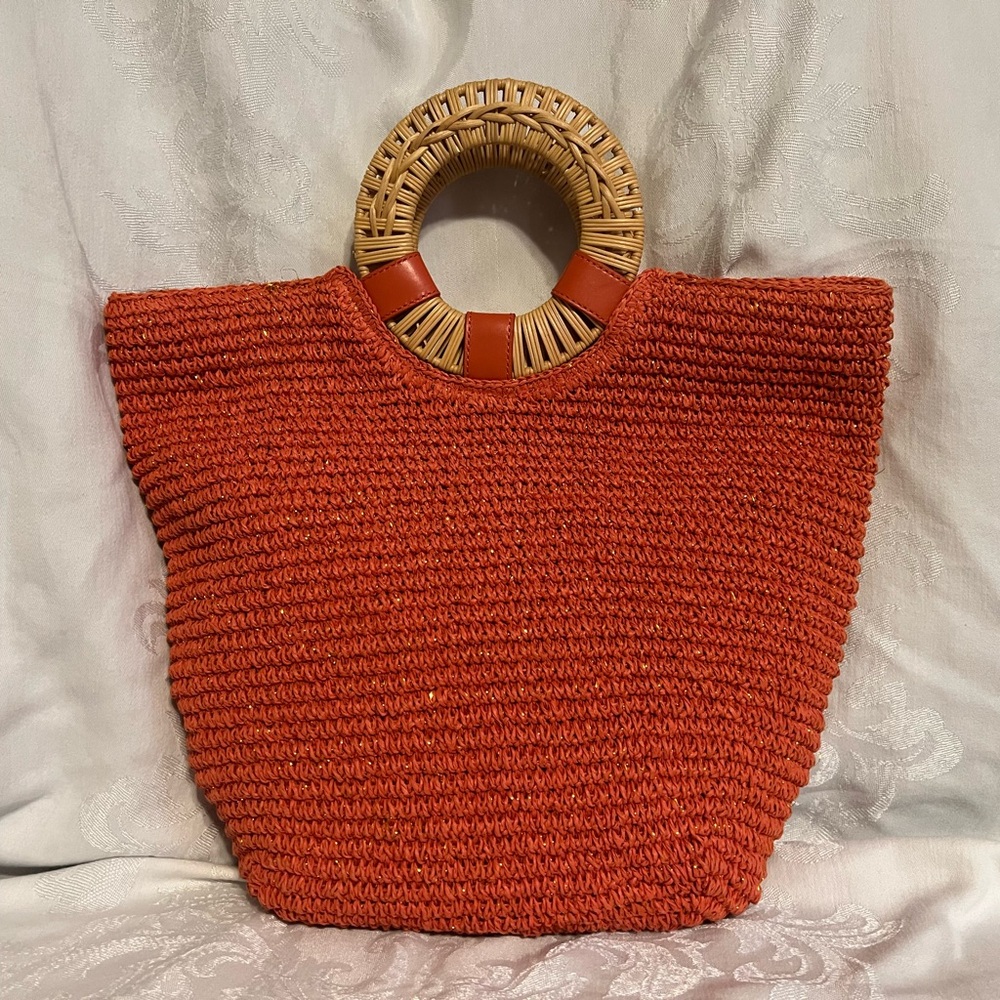 Talbots coral paper straw woven with gold thread clutch satchel w/leather trim